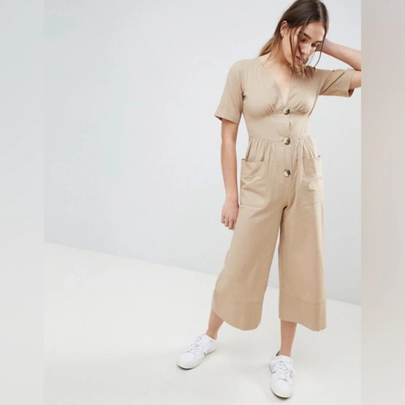 ASOS DESIGN Cotton Tea Jumpsuit With Horn Button Detail Size 4 LNC - Picture 4 of 6